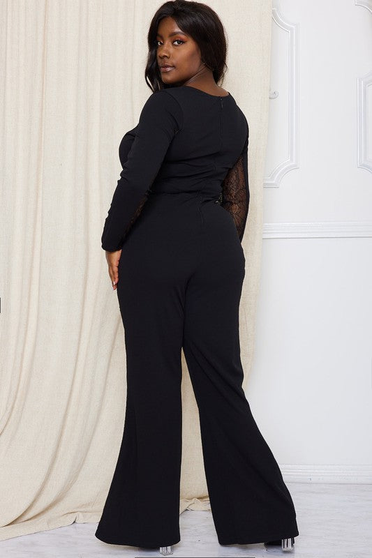 Plus Size Long Sleeve Paneled Flare Leg Jumpsuit
