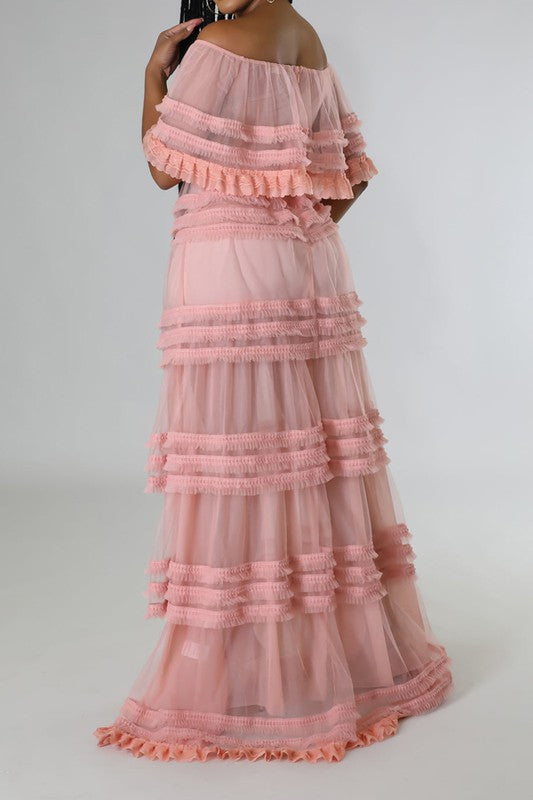 Off Shoulder Sheer detail Non-stretch Maxi Dress