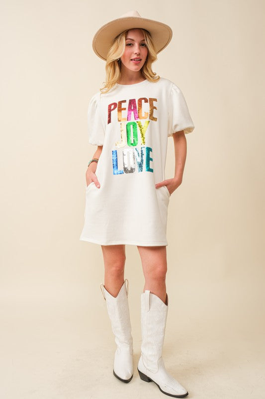 Peach Joy Love Sequin Wording Fleece Dress
