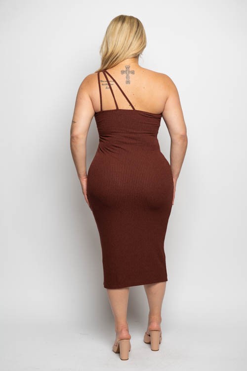 Plus Size Rib Knit O Ring One Shoulder Strap Midi