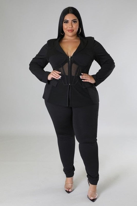 Plus Size Blazer Top and High Waisted Pants Set