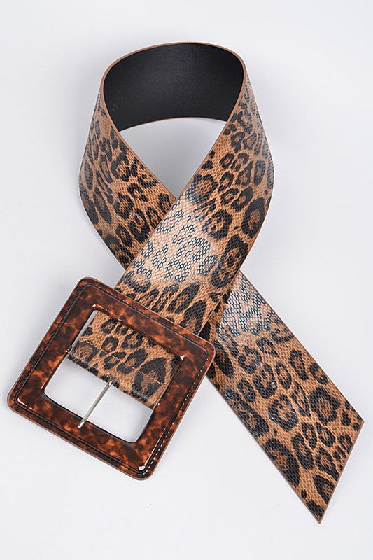 Iconic Square Buckle Belt with Leopard Print
