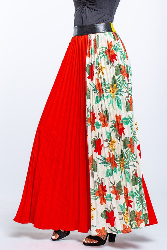 Women's Pleated Multi Print Maxi Skirt with Elastic Band