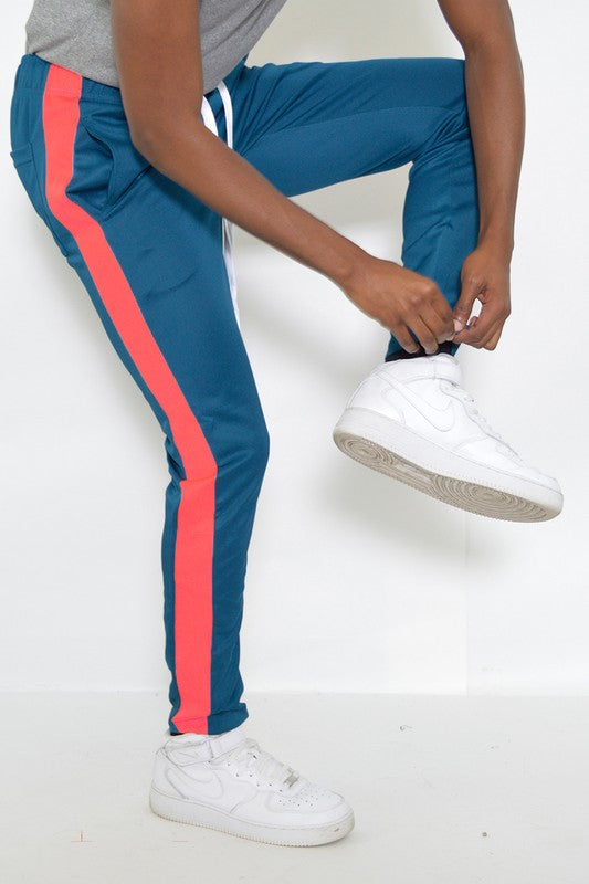 Men's Blue-Orange Slim Fit Single Stripe Track Pants