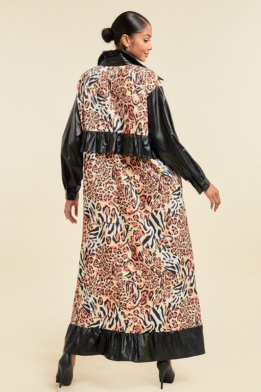 Oversized Faux Leather Animal Print Maxi Jacket