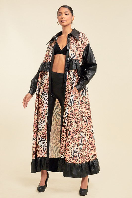 Oversized Faux Leather Animal Print Maxi Jacket