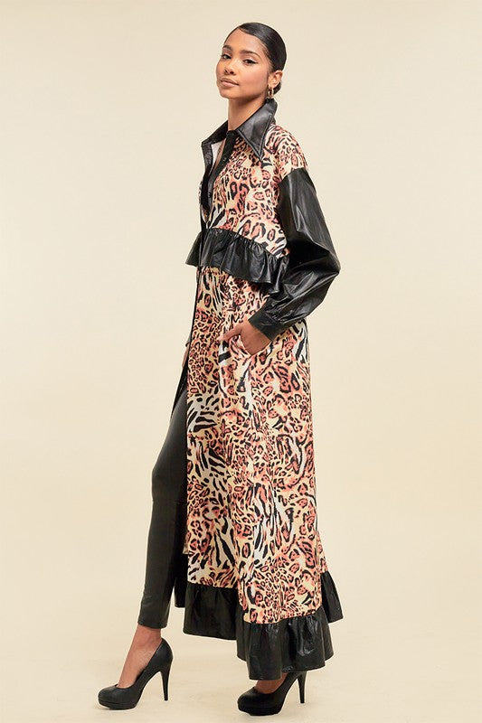 Oversized Faux Leather Animal Print Maxi Jacket