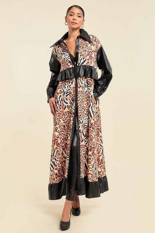 Oversized Faux Leather Animal Print Maxi Jacket