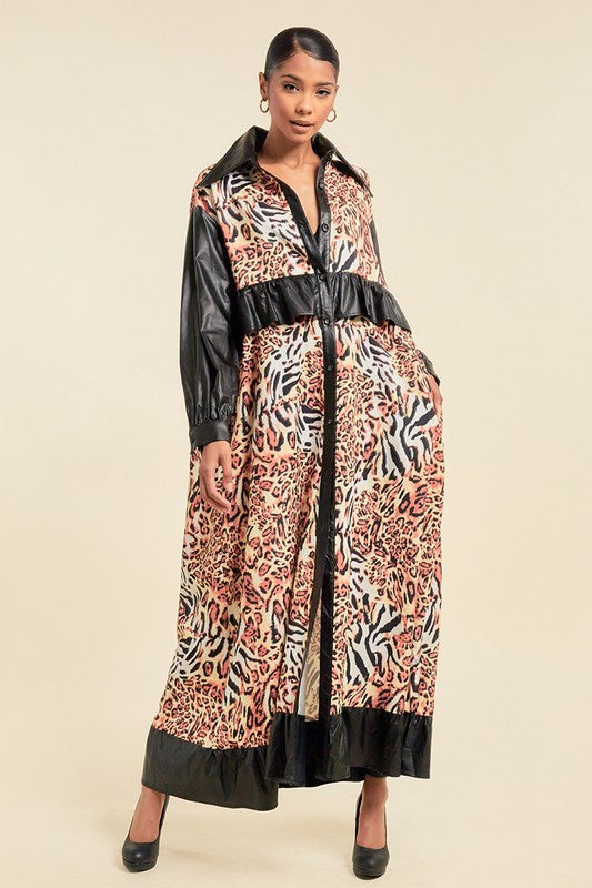 Oversized Faux Leather Animal Print Maxi Jacket