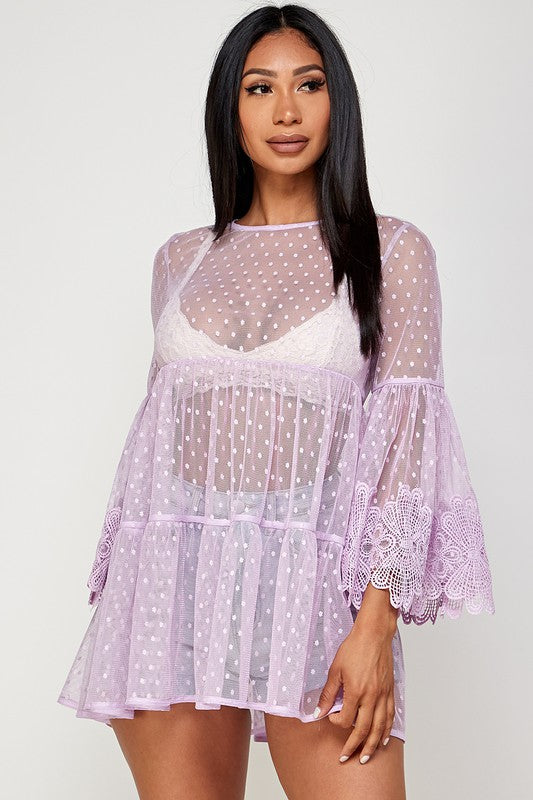 Women's Mesh Polka Dot Baby Doll See Through Tunic Top