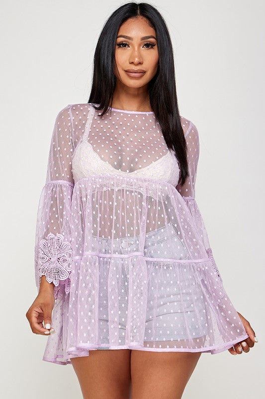 Women's Mesh Polka Dot Baby Doll See Through Tunic Top