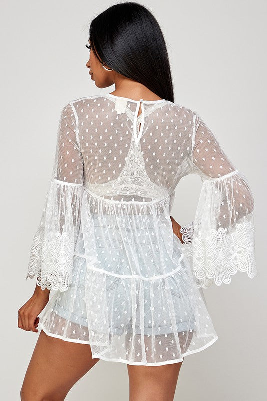 Women's Mesh Polka Dot Baby Doll See Through Tunic Top