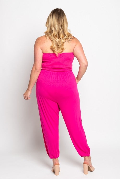 Plus Size Smocked Tube Jumpsuit with Slit Leg
