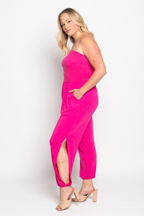 Plus Size Smocked Tube Jumpsuit with Slit Leg