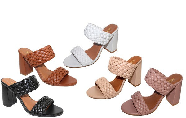 Vegan Leather Braided Band Slip on Mule Heeled Sandals