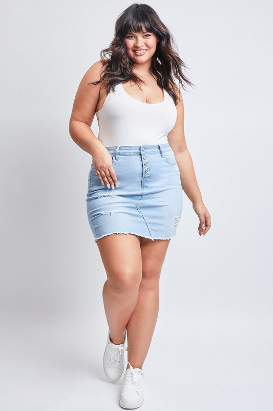 Junior Plus Exposed Button Fray Hem Mini Denim Skirt