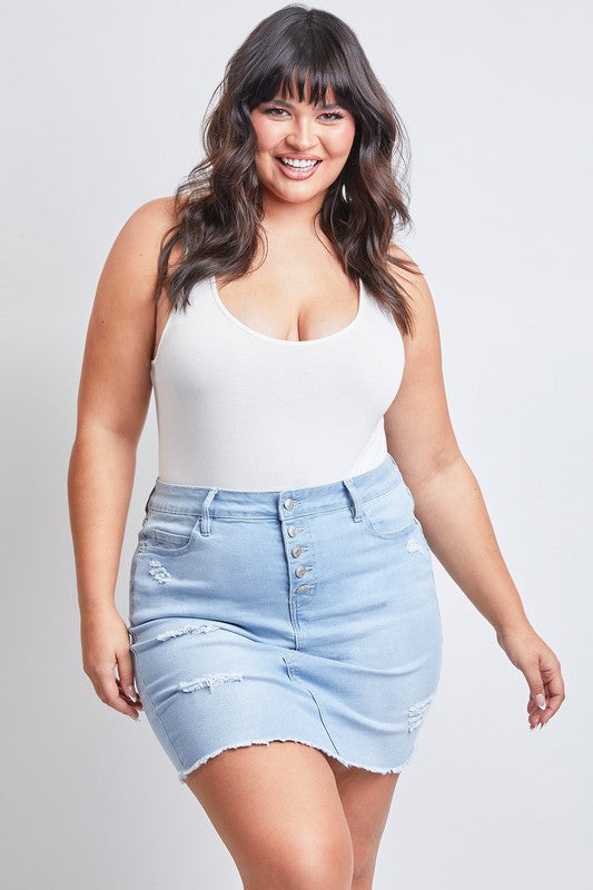 Junior Plus Exposed Button Fray Hem Mini Denim Skirt