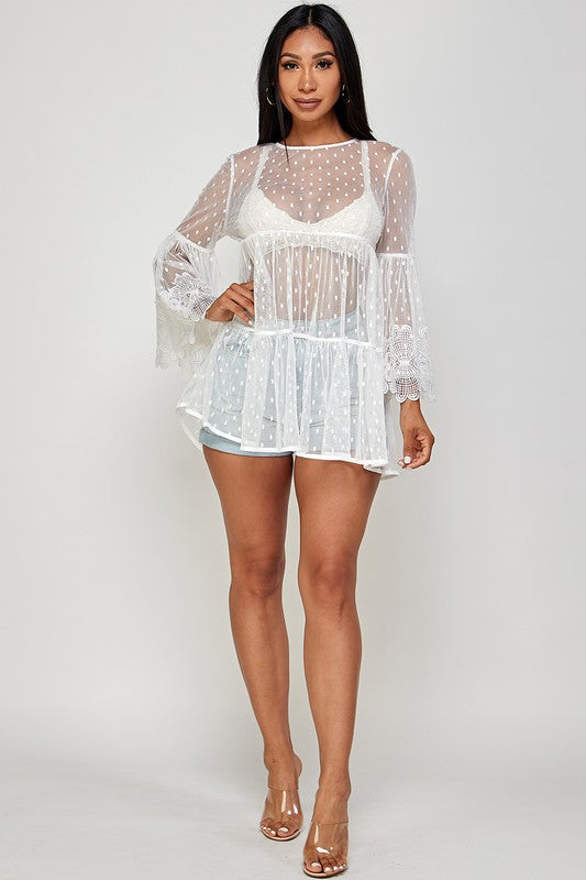 Women's Mesh Polka Dot Baby Doll See Through Tunic Top