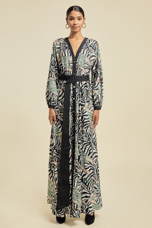 Women's Printed Maxi Dress with Belt and Buttons
