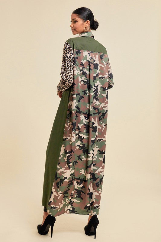 Pattern Blocked Long Camouflage Shirt Dress