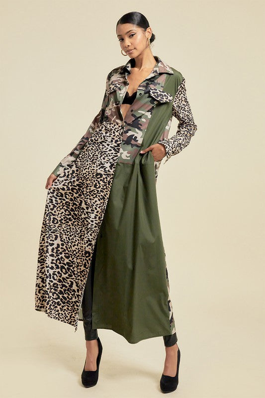 Pattern Blocked Long Camouflage Shirt Dress