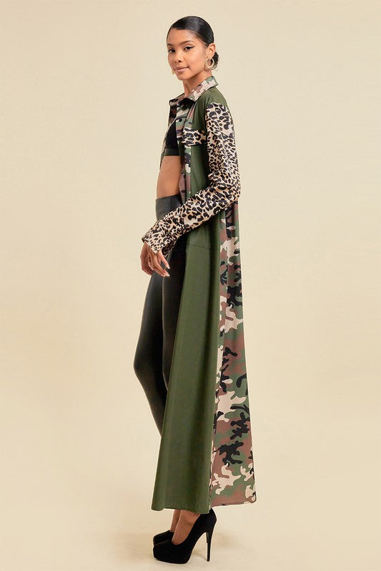 Pattern Blocked Long Camouflage Shirt Dress