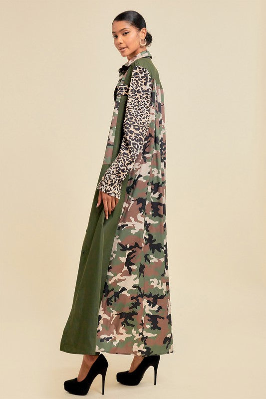 Pattern Blocked Long Camouflage Shirt Dress