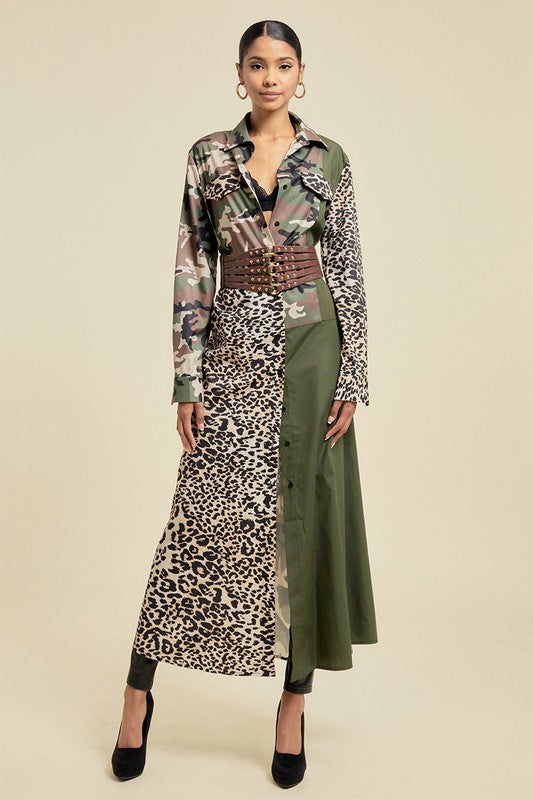 Pattern Blocked Long Camouflage Shirt Dress