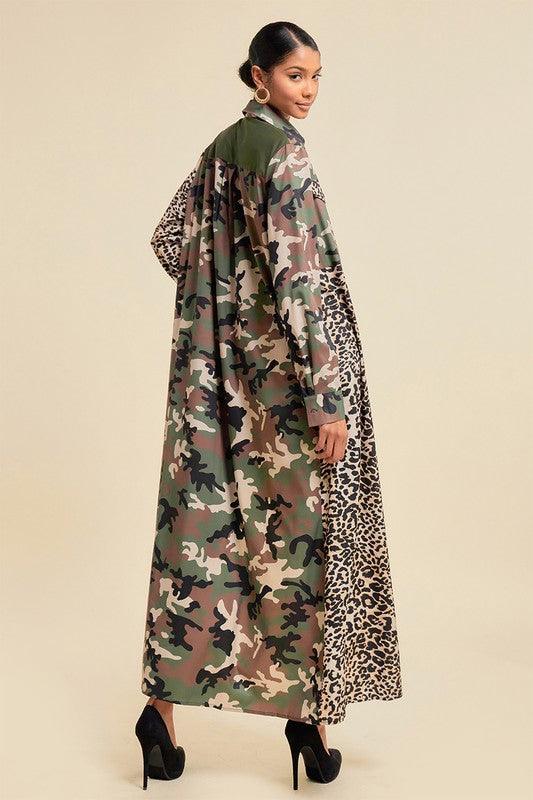 Pattern Blocked Long Camouflage Shirt Dress