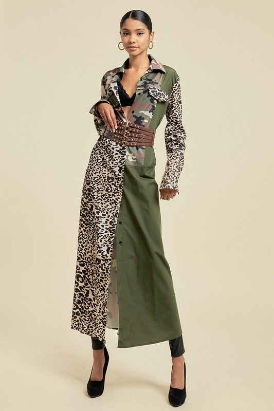 Pattern Blocked Long Camouflage Shirt Dress
