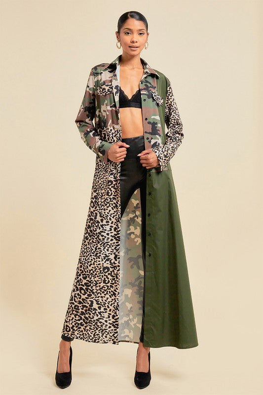 Pattern Blocked Long Camouflage Shirt Dress