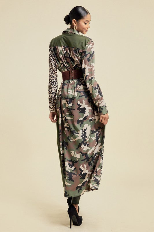 Pattern Blocked Long Camouflage Shirt Dress
