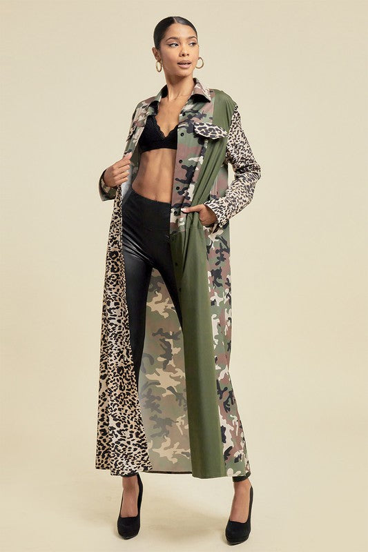 Pattern Blocked Long Camouflage Shirt Dress