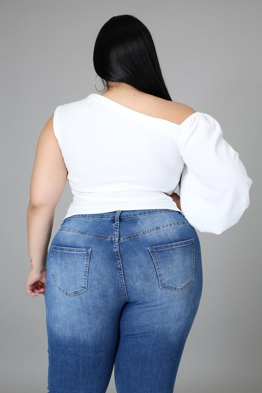 Plus Size One Shoulder Puff Sleeve Party Solid Blouse Top