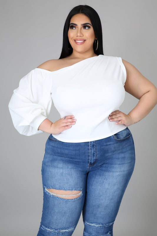 Plus Size One Shoulder Puff Sleeve Party Solid Blouse Top