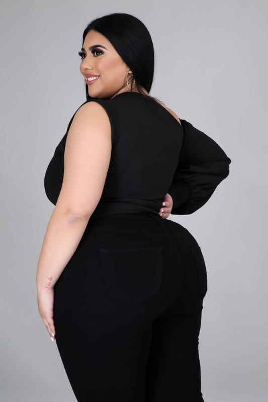 Plus Size One Shoulder Puff Sleeve Party Solid Blouse Top