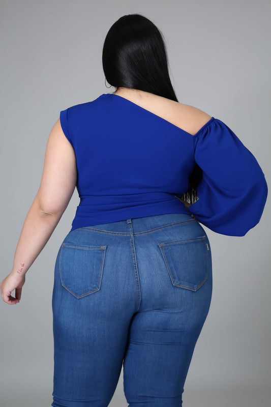 Plus Size One Shoulder Puff Sleeve Party Solid Blouse Top