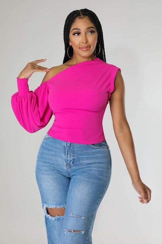 Plus Size One Shoulder Puff Sleeve Party Solid Blouse Top