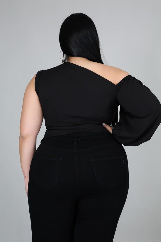 Plus Size One Shoulder Puff Sleeve Party Solid Blouse Top
