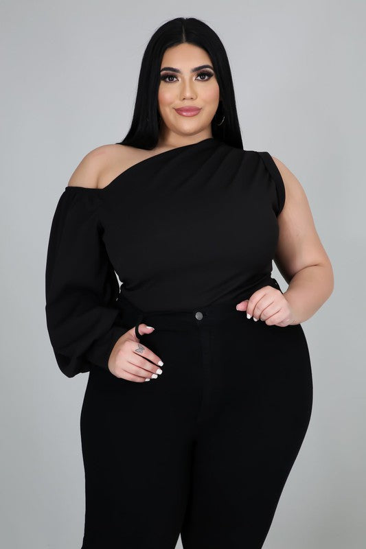 Plus Size One Shoulder Puff Sleeve Party Solid Blouse Top
