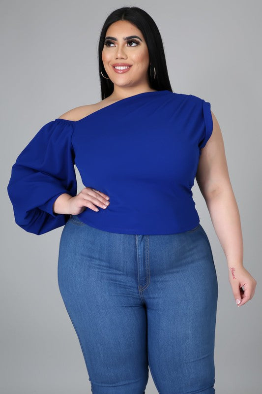 Plus Size One Shoulder Puff Sleeve Party Solid Blouse Top