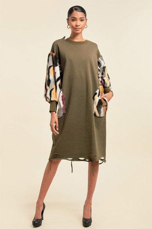 Women's Faux Fur Midi Dress with Pockets