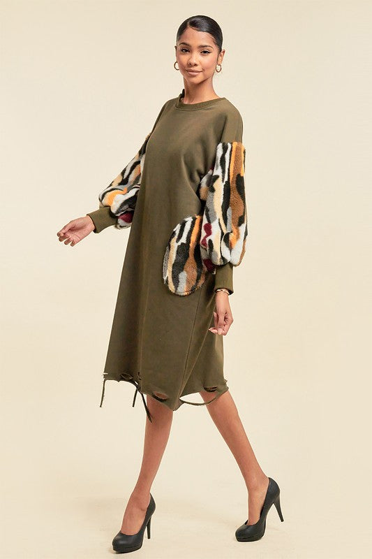 Women's Faux Fur Midi Dress with Pockets
