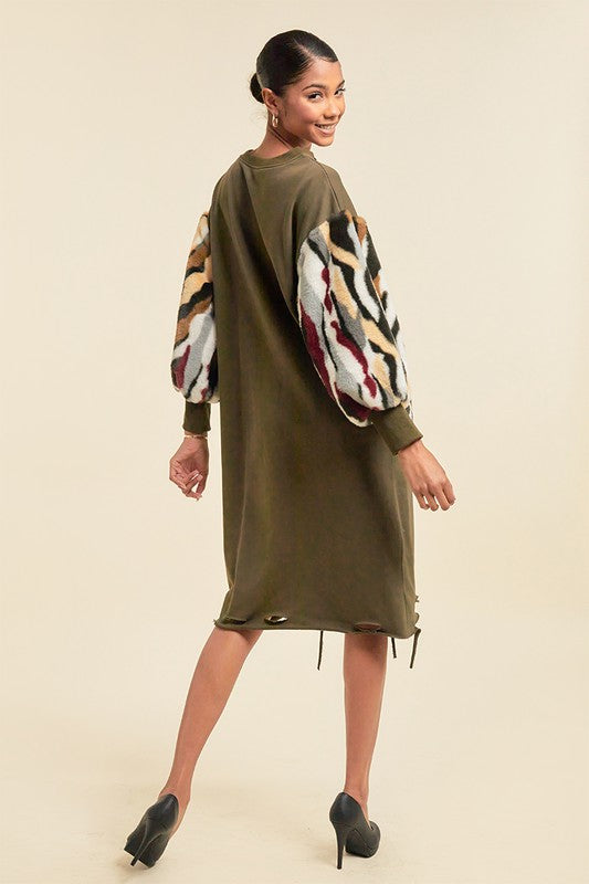 Women's Faux Fur Midi Dress with Pockets
