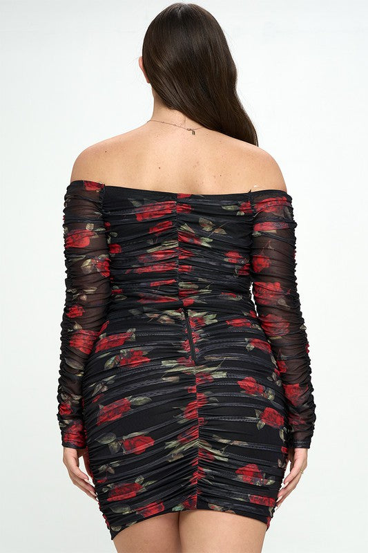 Floral Print Off Shoulder Ruched Long Sleeves Top with Skirt Set