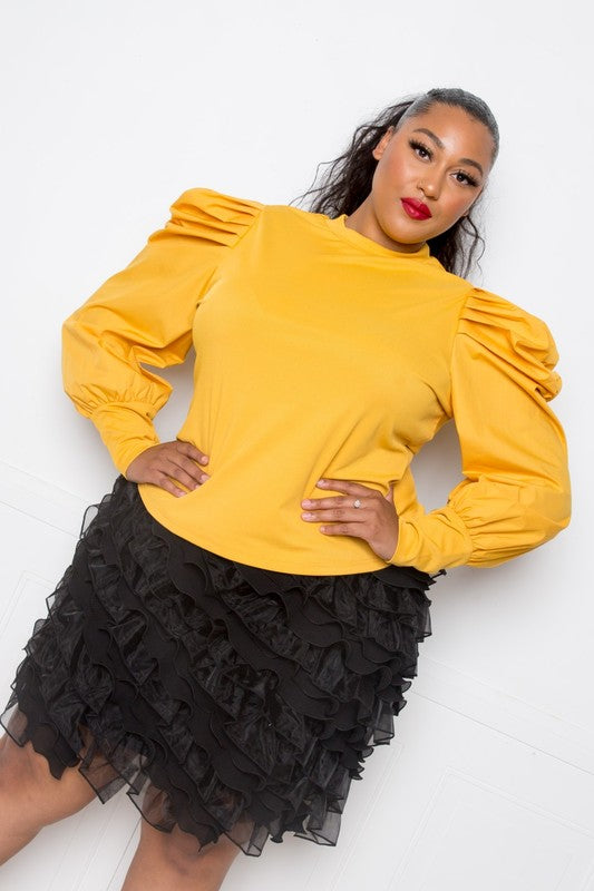 Plus Size Ribbed Top with Ruched Poplin Sleeves