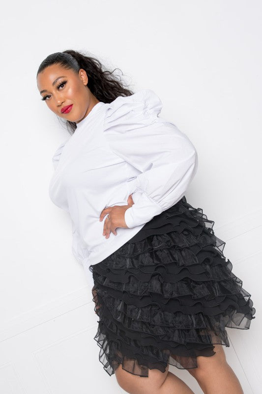 Plus Size Ribbed Top with Ruched Poplin Sleeves