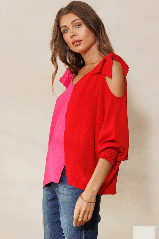 Color Block Smocked Long Sleeves Blouse