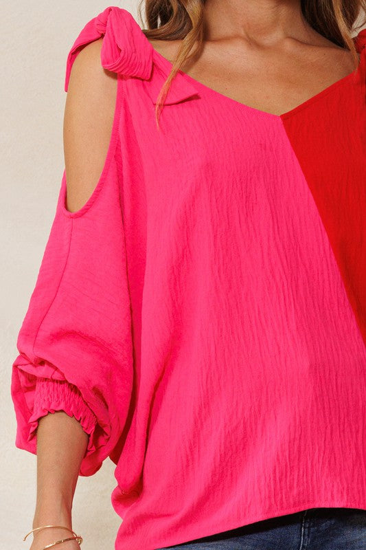 Color Block Smocked Long Sleeves Blouse