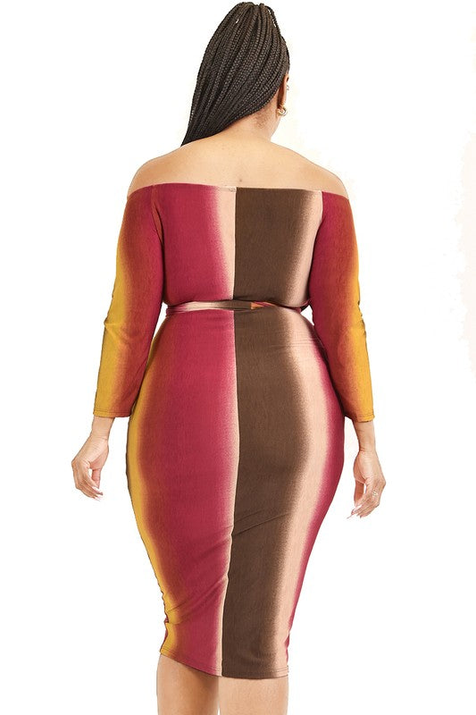 Plus Size Gradient Color Block Off the Shoulder Midi Dress
